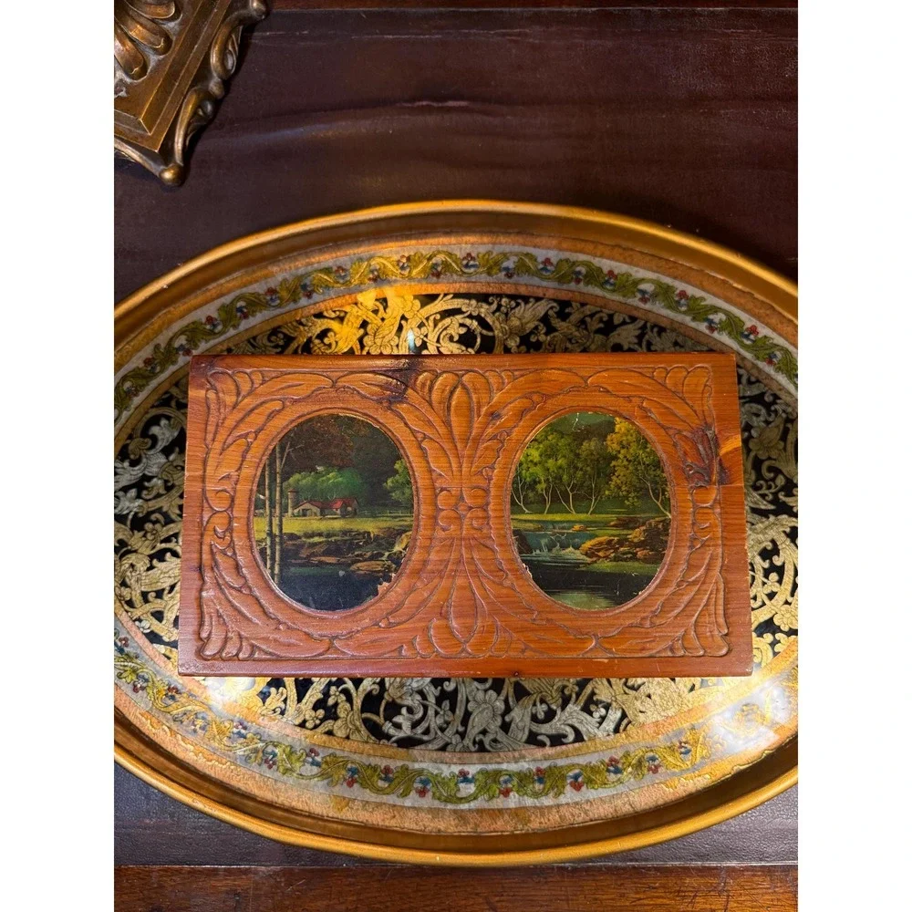 1950s Cedar Vanity‎ Box with Mirror and Carved Scenic Lid – Keepsake Box